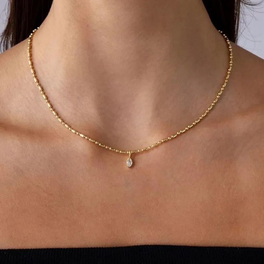 NEW 14K Gold Plated CZ Beaded Chain Pendant Necklace - Picture 2 of 2